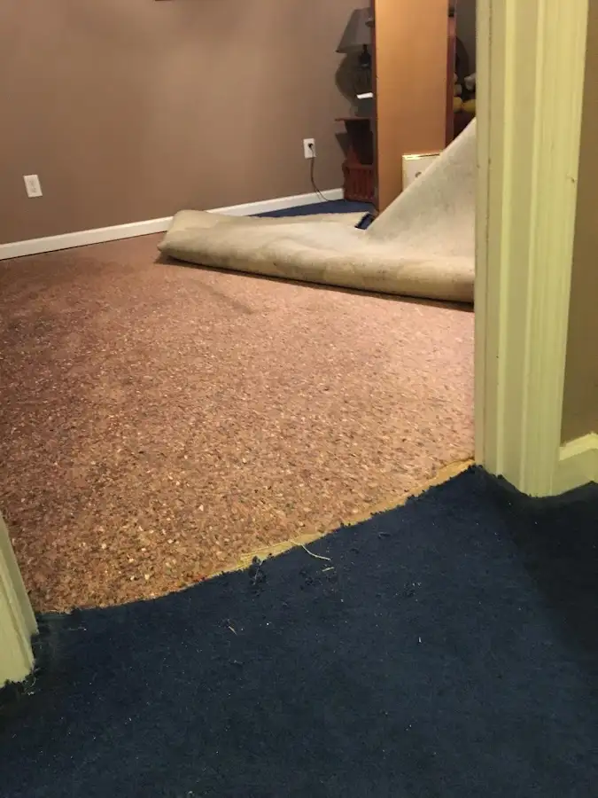 Carpet pad removal revealing water damage during Drying & Dehumidification in Hebron